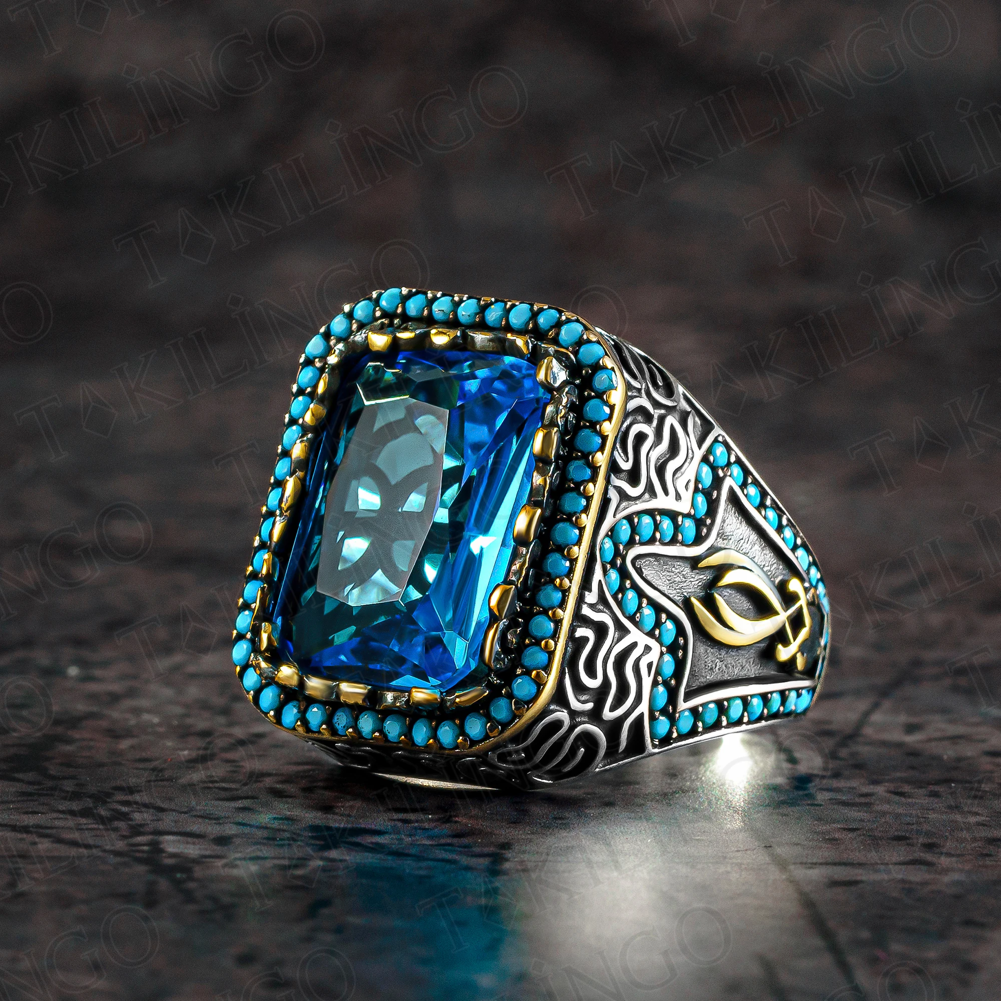 

Stamped Solid 925 Sterling Silver Aquamarine Men's Ring With Turquoise Stone Sword Handmade Jewelry Turkish Gift For Husband