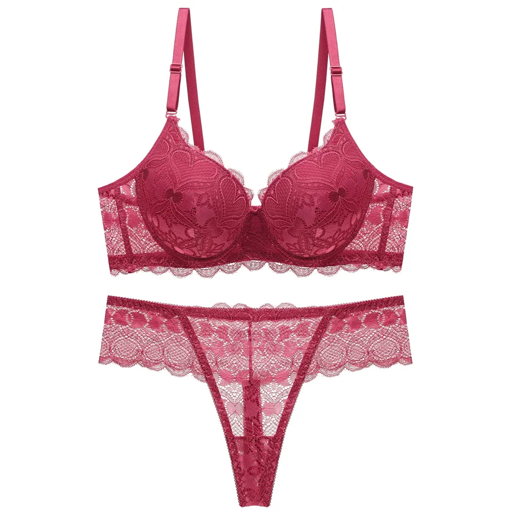 Sexy push up regulowana bielizna koronkowa akceptuj supernumerary biustonosz pogrubienie zestaw biustonosz i stringi bielizna wysokiej jakości zestaw — zdjęcie 2