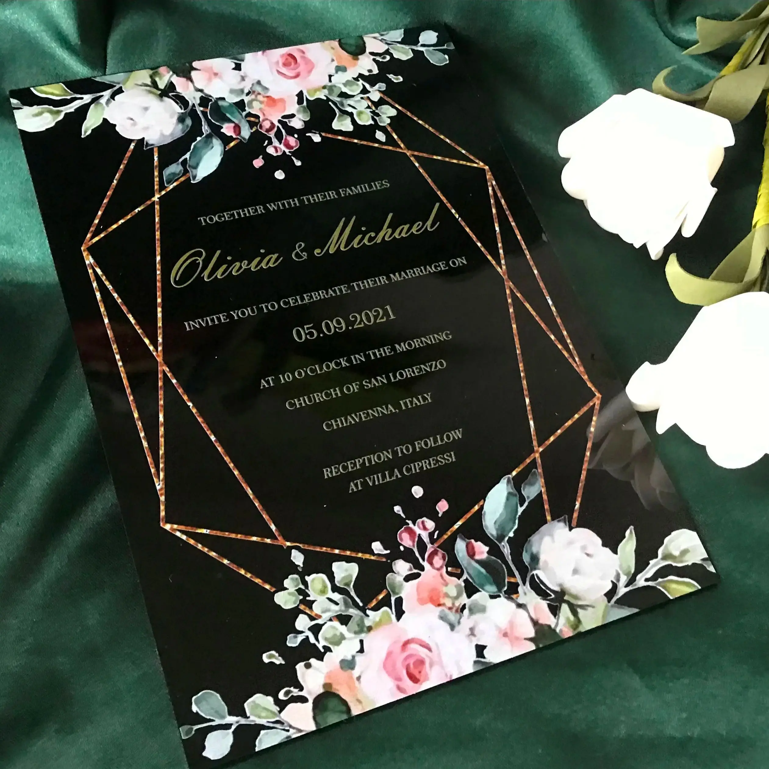

Black Acrylic Wedding Invitation Cards, Floral Dinner Menu, Personalized Birthday Greeting Cards, Custom,10Pcs