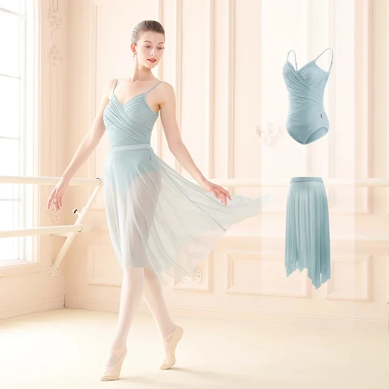 Kobiety trykot balet plisowana dekolt body nieregularne spódnica z siatki nastolatek szkolenia gimnastyka łyżwiarstwo baleriny Dancewear — zdjęcie 2