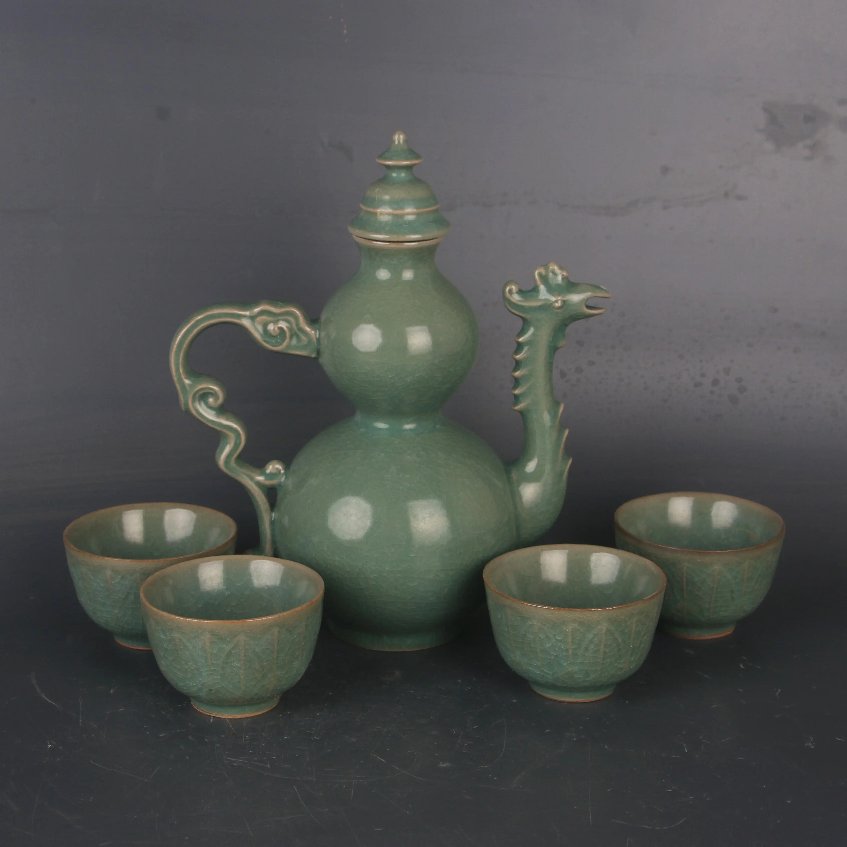 Song Dynasty Style Ru Kiln Celadon Glaze Ice Crackle Dragon Phoenix Teapot with 4 Cups Handmade Ceramic Tea Set Collectible