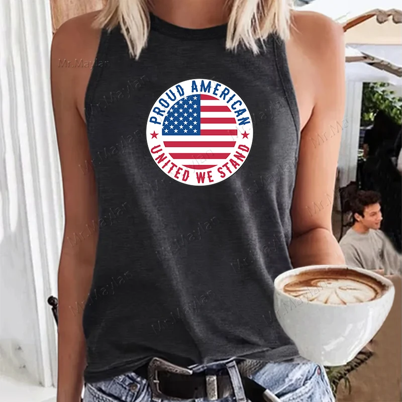 Letter Proud America United We Stand Print Stars&Stripes Women's Tanks Tops Summer Casual Versatile Sleeveless Shirts Tops S-132