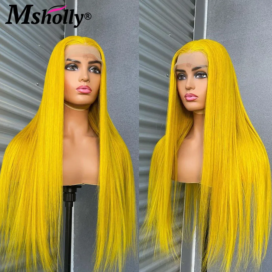 Wig lurus kuning Lemon terang 100% rambut manusia untuk wanita 13x6 wig depan renda 180 ketebalan warna kuning 613 wig mulus