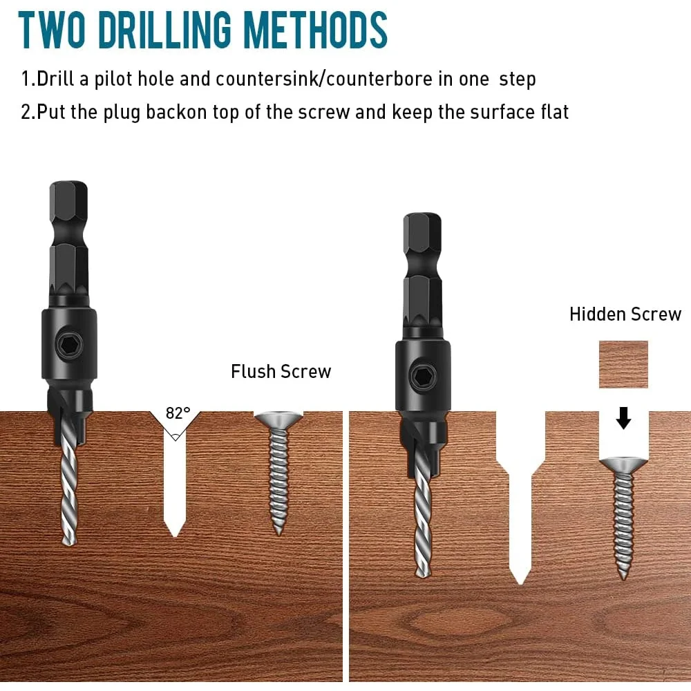 4/5pcs Countersink Drill Bit Set, With 1/4" Hex Shank For DIY Woodworking Drilling Hole With L-Wrench #5 #6 #8 #10 #12 Cutter
