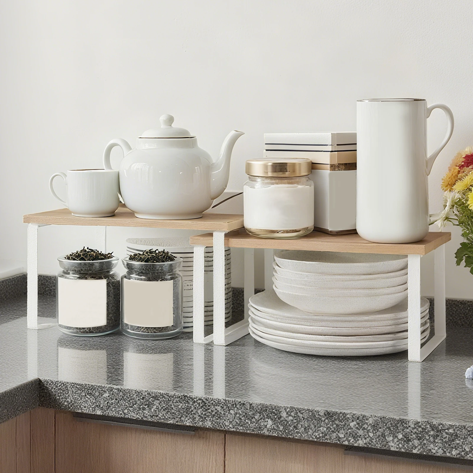 Lot de 2 étagères de rangement de cuisine haut de gamme en bois et métal, capacité de charge de 6 kg par étagère, pour armoire de cuisine et vaisselle