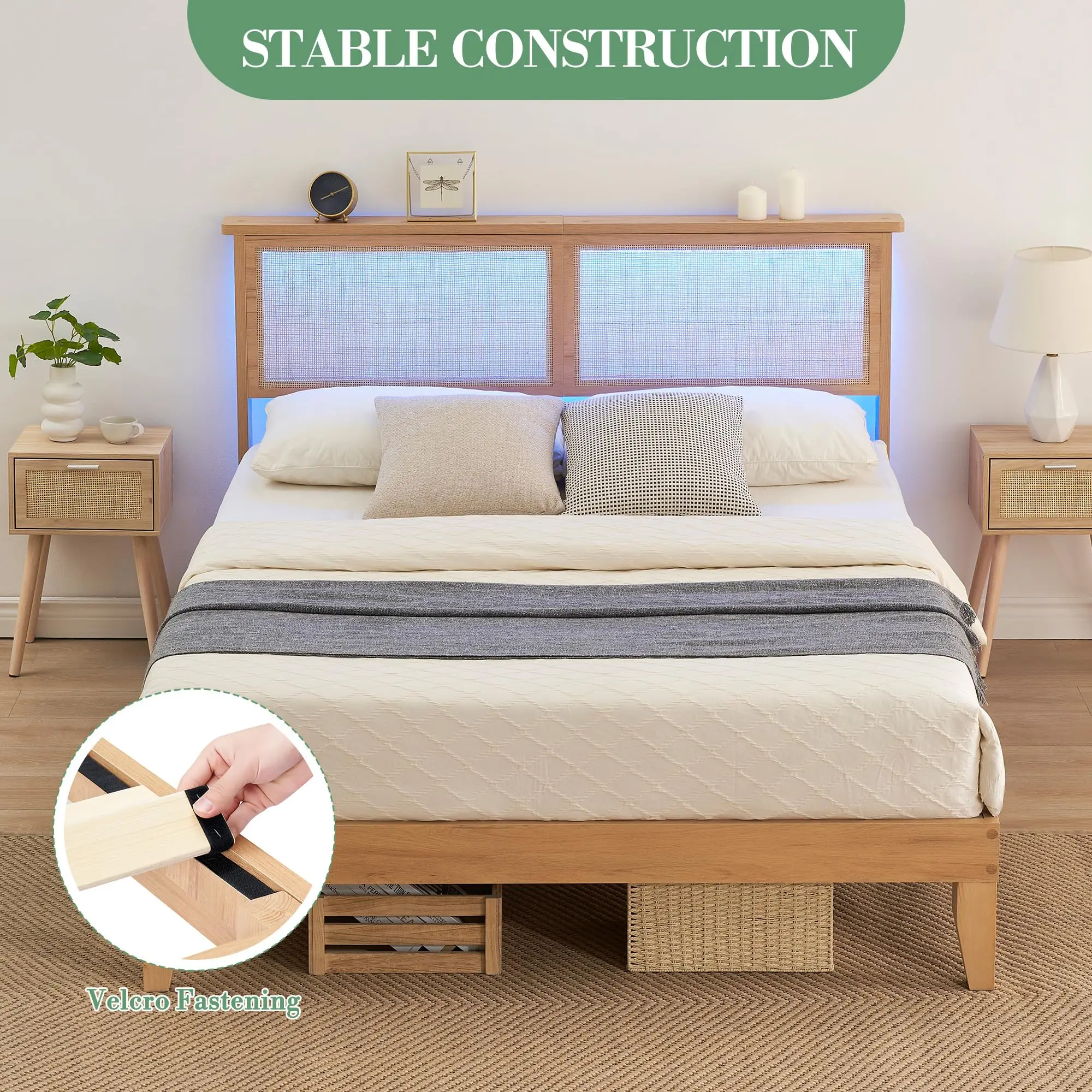 Wood Bed, Deluxe Wood Platform Bed Frame with Headboard, Slat Support, Mid-Century Platform Bed Frame with Grille Headboard, Weight Capacity of 1000 lbs, No Box Spring Needed