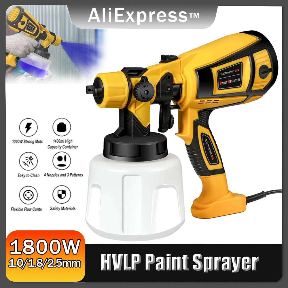 1800W 220V Electric Spray Gun High Power HVLP Paint Sprayer Auto Furniture Steel Coating Air Brush 1.0/1.8/2.5mm Copper Nozzle