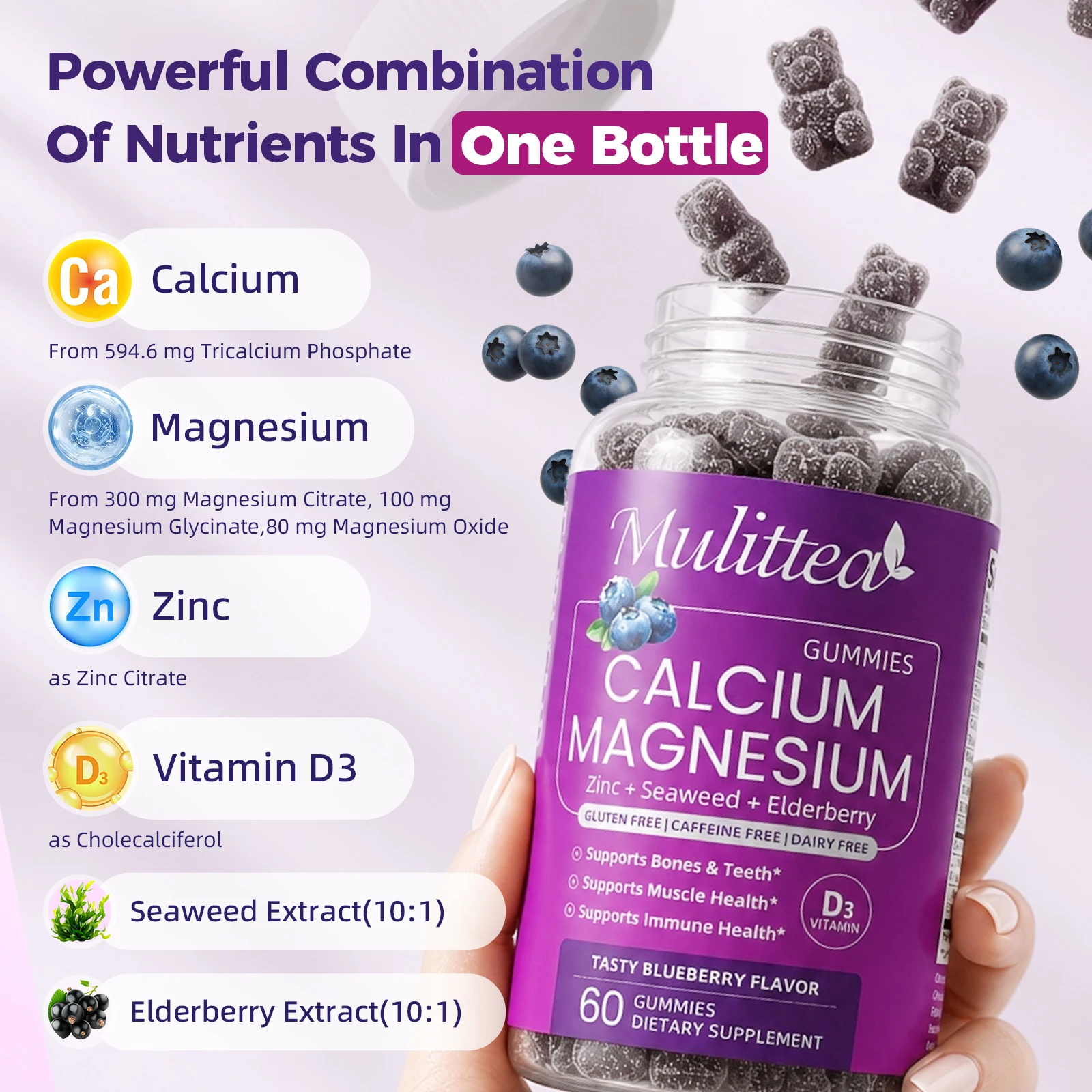 Mulittea Plant Based Calcium Magnesium Zinc Gummies with Vitamin D3,Elderberry Extract for Bone Strength, Contains Whole Food Natural Minerals-Bone Health, Calm Mood & Sleep Support for Women & Men