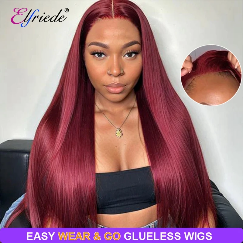 

Elfriede #99J Burgundy Straight Glueless Wigs Human Hair Ready to Wear 4X4 Lace Closure Preplucked Remy Human Hair Wig for Women