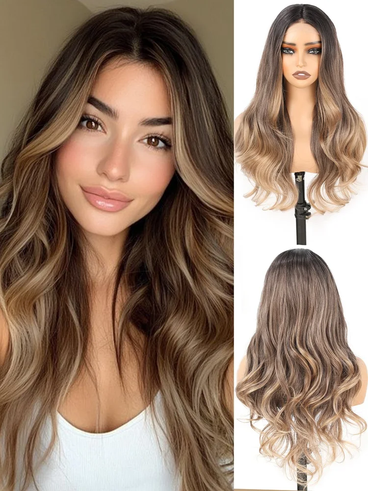 

Long, wavy synthetic lace wig, 13x4 lace front, dark roots with a gradient gold finish, perfect for cosplay parties.