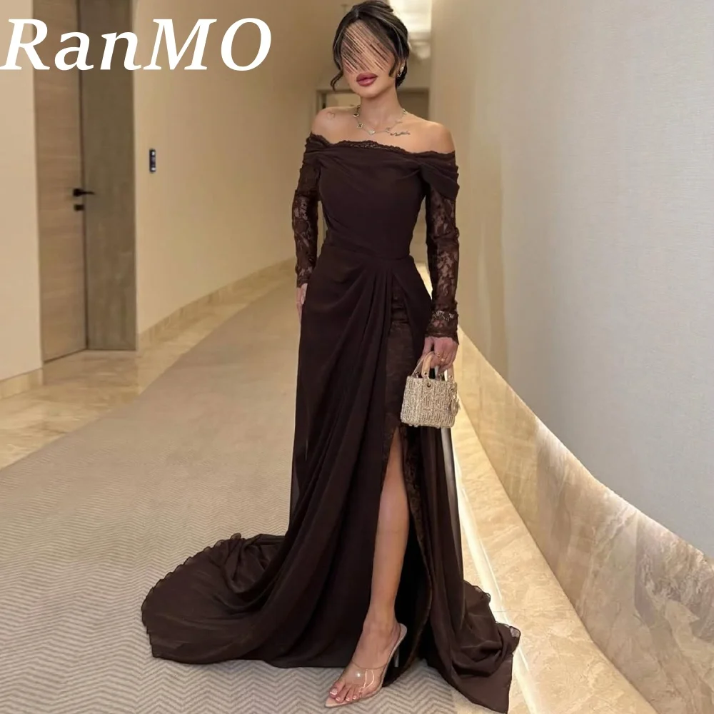 

Ranmo Brown chiffon Evening Dress Off The Shoulder Mermaid Prom Party Dresses Sexy Side Slit Arabic Eid Prom Gowns Customized