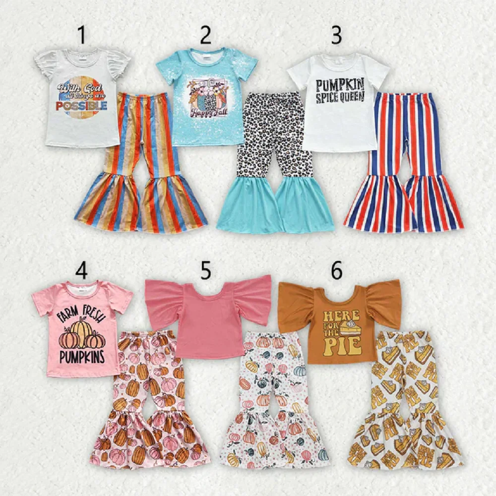 

Новая мода, 6 стилей, осенние штаны-колокольчики с принтом тыквы, комплект одежды для девочек, одежда для сестер, оптовая продажа, бутик, детский RTS