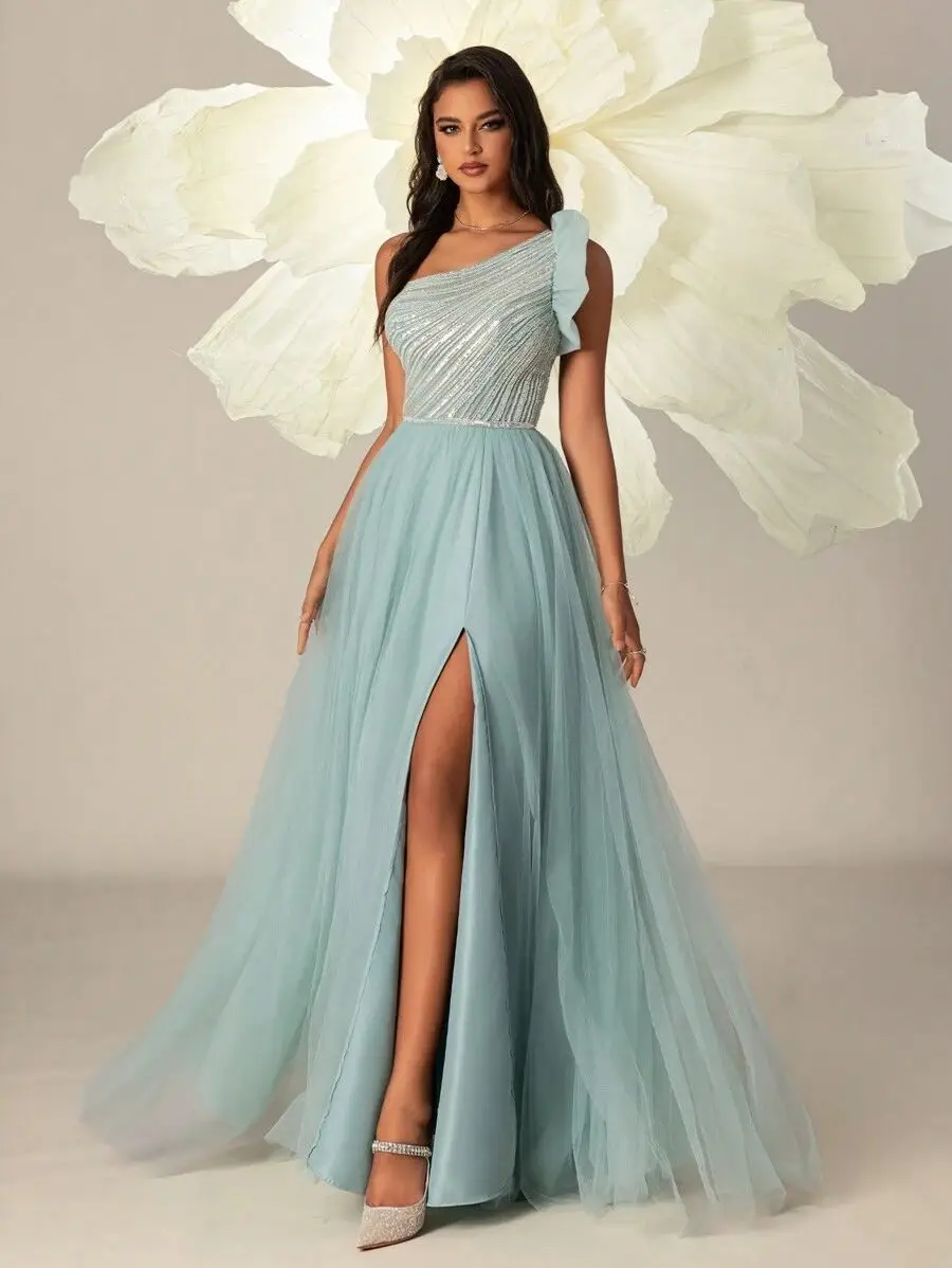 Sexy Mesh One-Shoulder Beaded Elegant High-Waisted Prom Dress Long Gown Evening Dress 2024 A-Line Sleeveless Party Gown vestidos