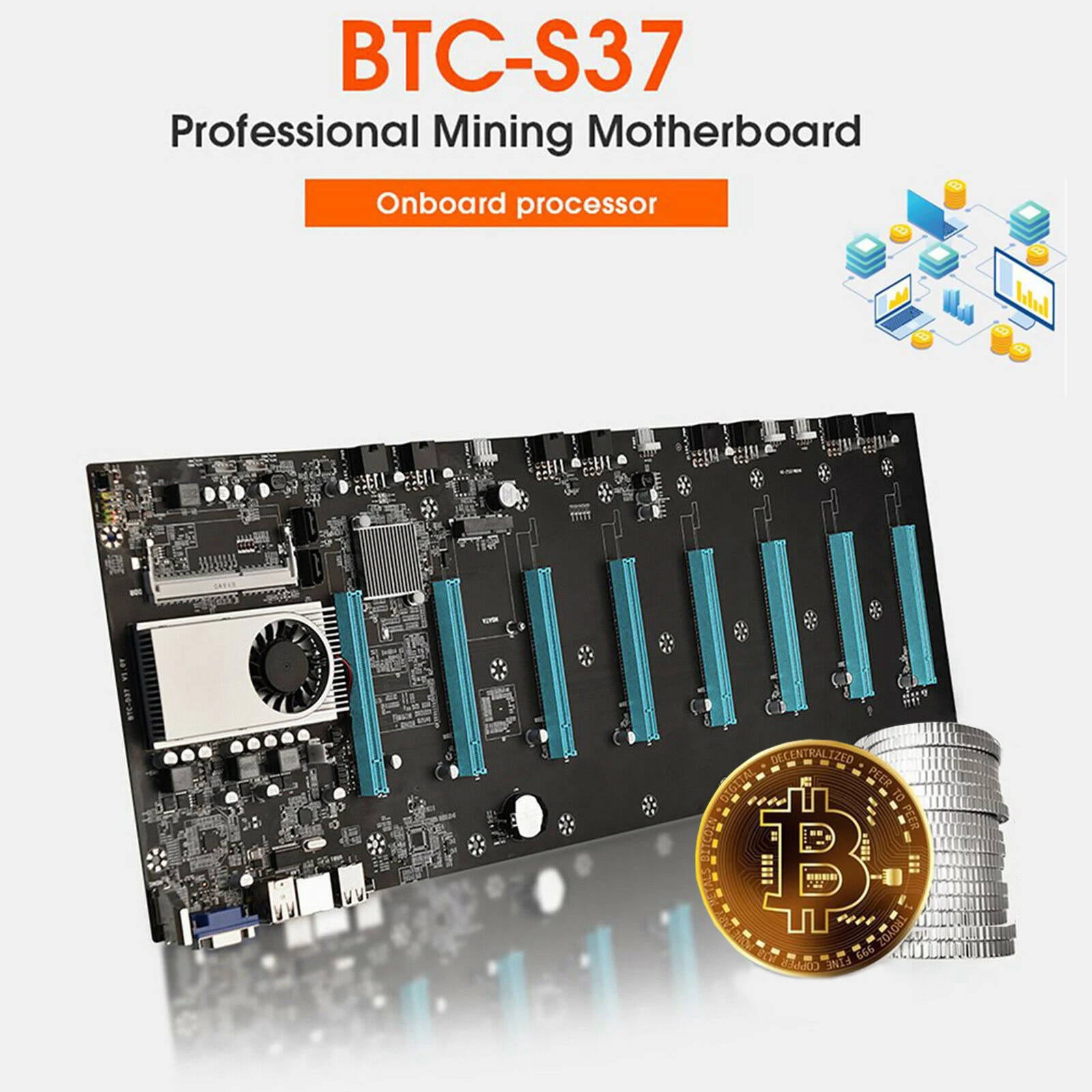 BTC-S37 Mining Motherboard CPU Set 8 Miner 16X Video Card Slot Memory Integrated VGA Interface DDR3 SATA 3.0 Support 3080 3090