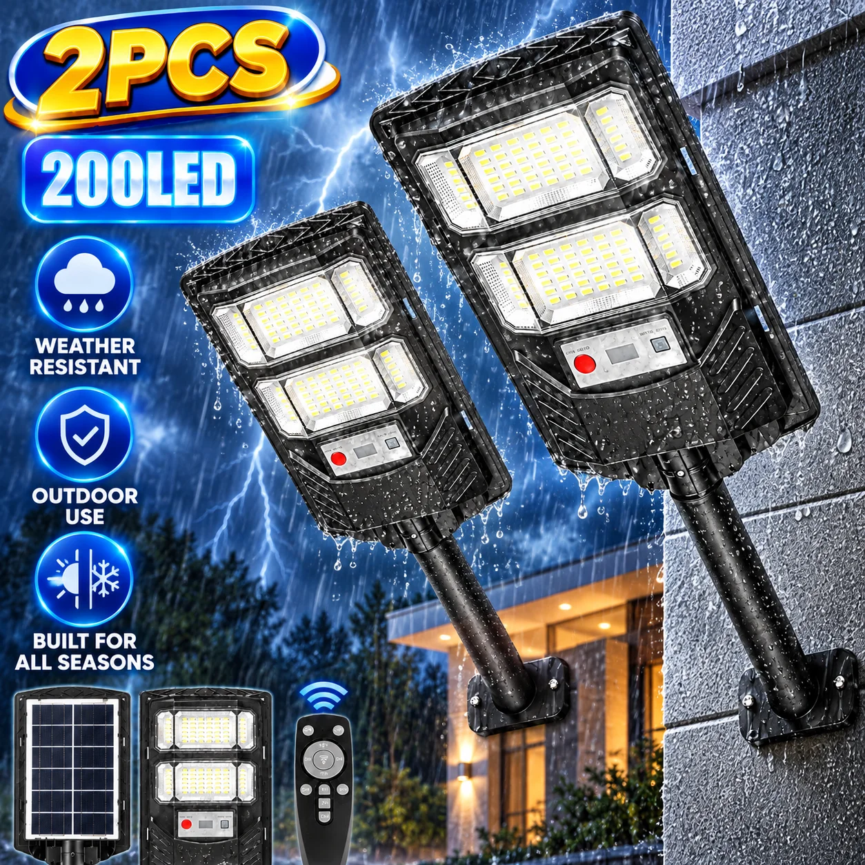 2PCS 200LED Solar Lights Outdoor, Solar Security Lights with Remote Control, Ultra Bright LED Wall Light, IP65 Waterproof Solar Powered Lamp, Motion Sensor Light for Garden, Garage, Fence, Patio, Driveway and Home