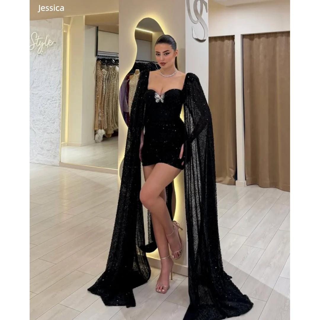 

Роскошные черные вечерние платья Jessica с блестками и пайетками, облегающие мини-платья-кейплеты в стиле принцессы для выпускного вечера и вечеринок