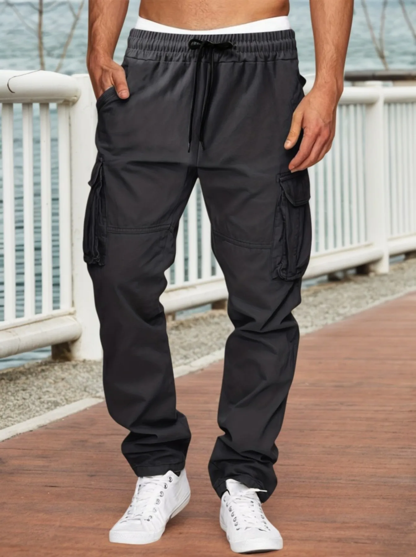 

Мужские однотонные брюки-карго с завязкой на талии и несколькими карманами, модный хип-хоп