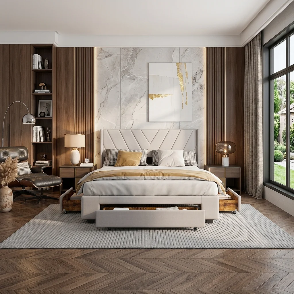 Superaly Cama moderna para adultos de 140/160×200 cm con 3 cajones con ruedas, cama doble tapizada, muebles de dormitorio, tela de lino beige para un sueño cómodo