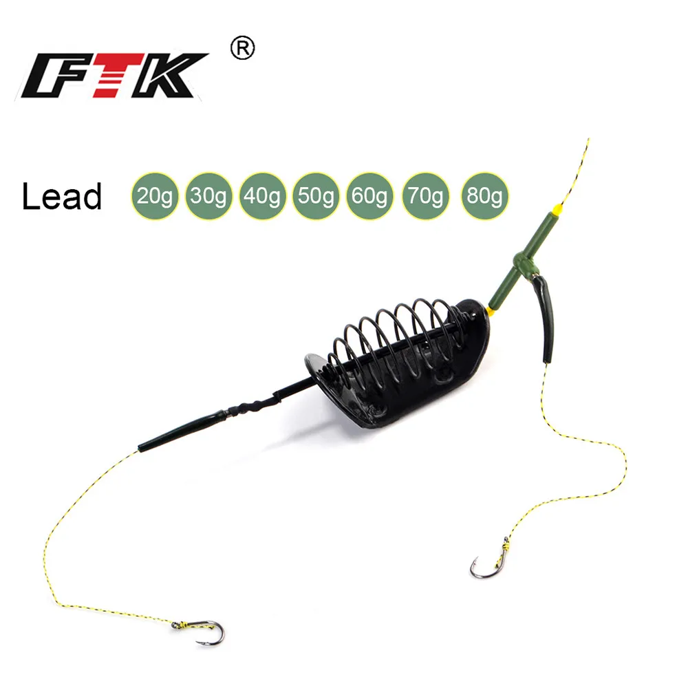 FTK-Metal Bait Thrower Cage para Pesca da Carpa, Cabelos, Alimentador Europa, Grupo de Pesca, Gancho Farpado, Chumbada, 20g-50g