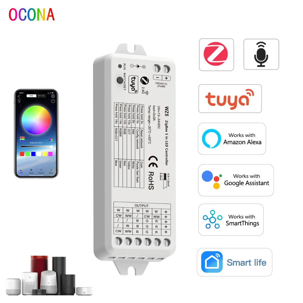 ZigBee 3.0 LED Controller 5-in-1 Tuya Smart APP Control 3A*5 Channel CCT RGB RGBW RGBWC Strip Dimmer RF 2.4G 12V 24V High Power