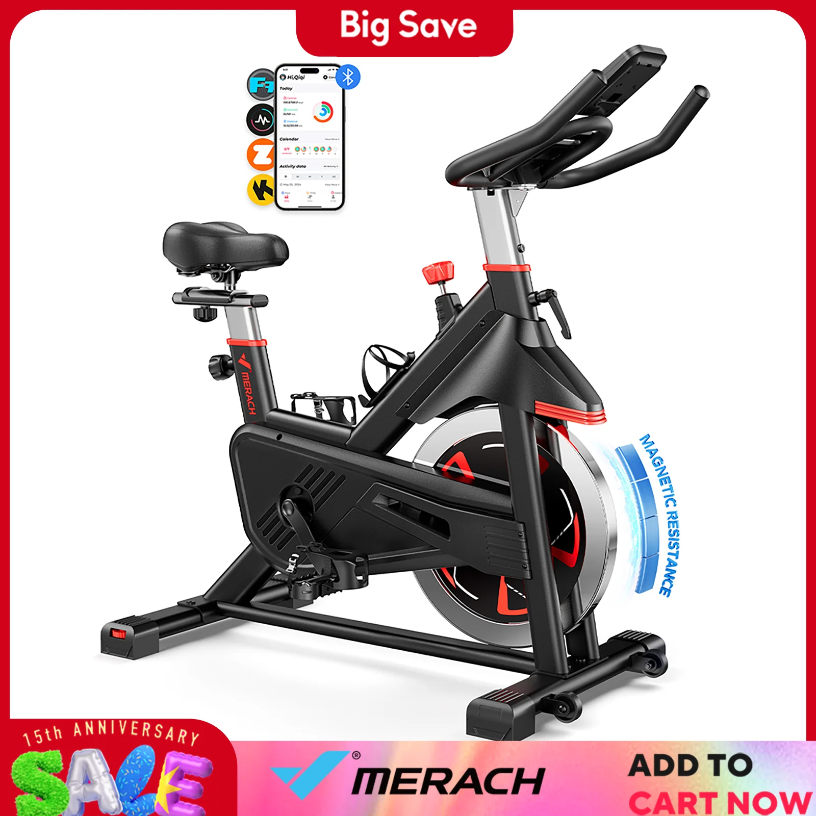 MERACH Bicicleta estática S38 Ciclismo interior Resistencia magnética Aplicación exclusiva Capacidad de 300 libras Asiento cómodo para el hogar y la pérdida de peso