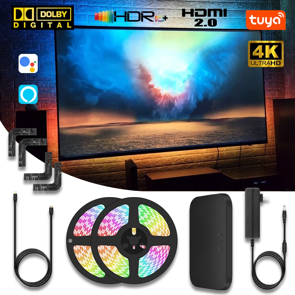 Tuya RGB Ambient TV Backlight Smart LED Strip Lights For 4K HDMI 2.0/HDR Devices Compatible with Alexa/Google Assistant/TVs Box