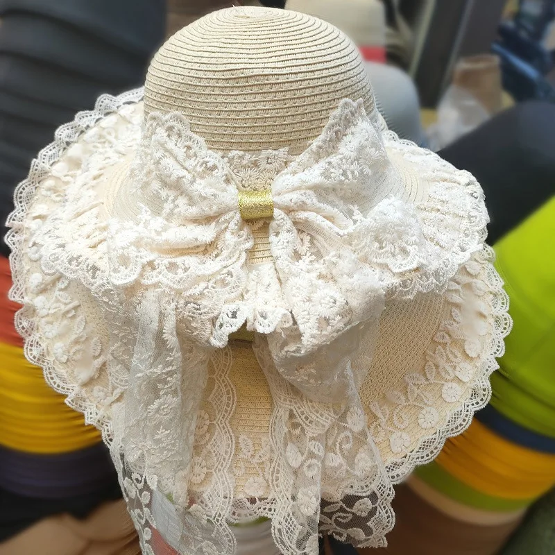 Summer Straw Hat Wide Brim Floppy Beach Sun  Hat Lace Big Bow