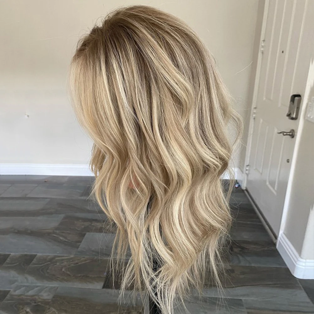 Ash Blonde Balayage Remy Human Hair Lace Front Wig Slightly Bleached Knots Rooted Full Lace Wig HD 13X6 Medium Length Body Wave