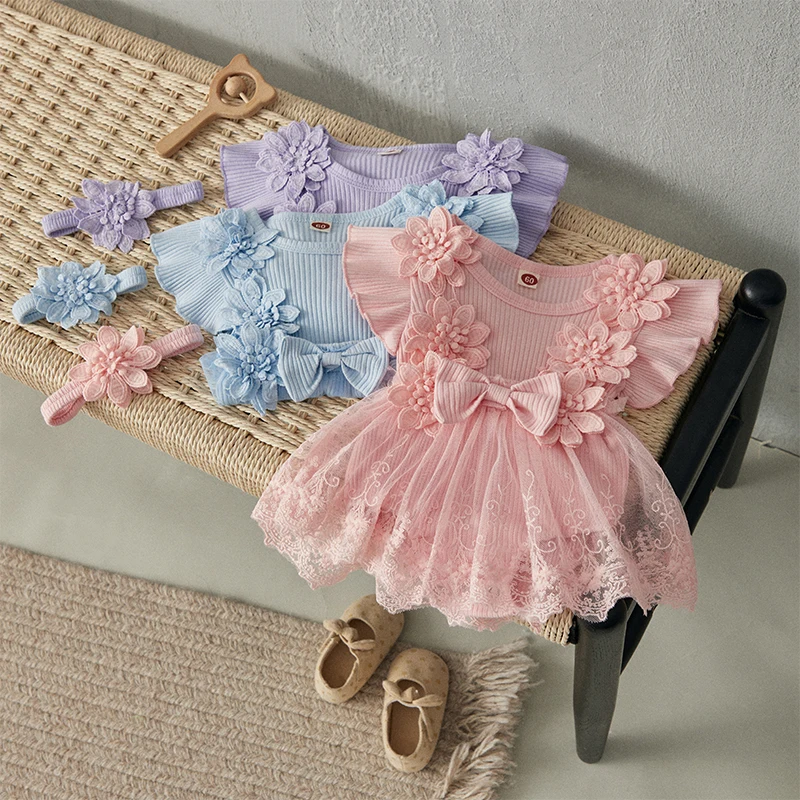 BeQeuewll Baby Girl 2 Piece Outfits Mesh Lace Patchwork Ruffle Romper Dress and Headband Cute Fashion Summer Clothes