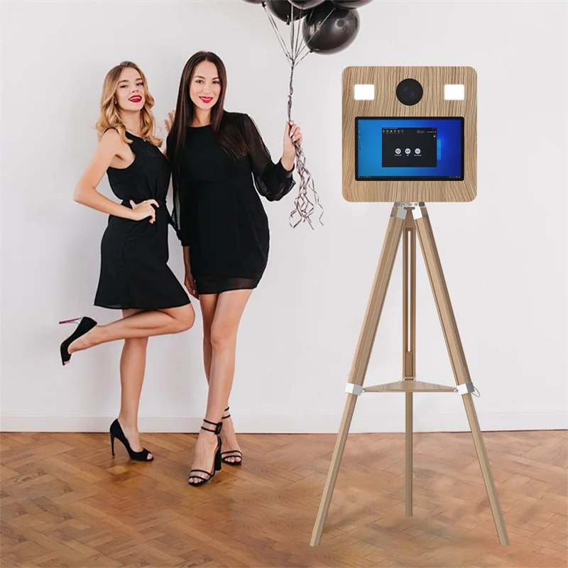 Image of 15,6 Zoll Retro Fotobox mit Holzmaserung und Blitzlicht, Kamera-Fotobox, Selfie-Fotoautomat