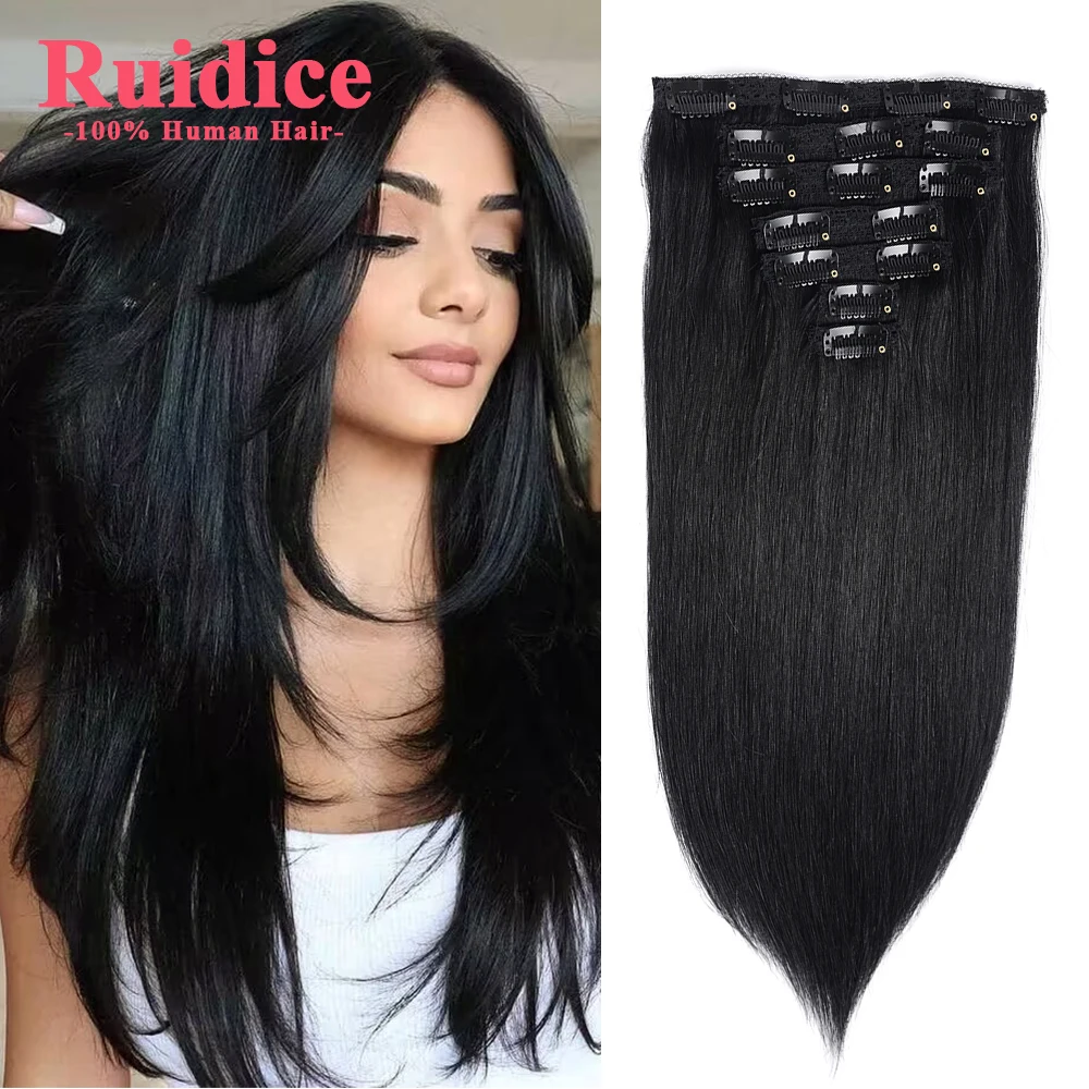 110-200 Grams Clip In Hair Extension 100% Real Remy Human Hair Dark Black Clip-On Hairpieces Full Head 14-24 Inch For Thin Hair