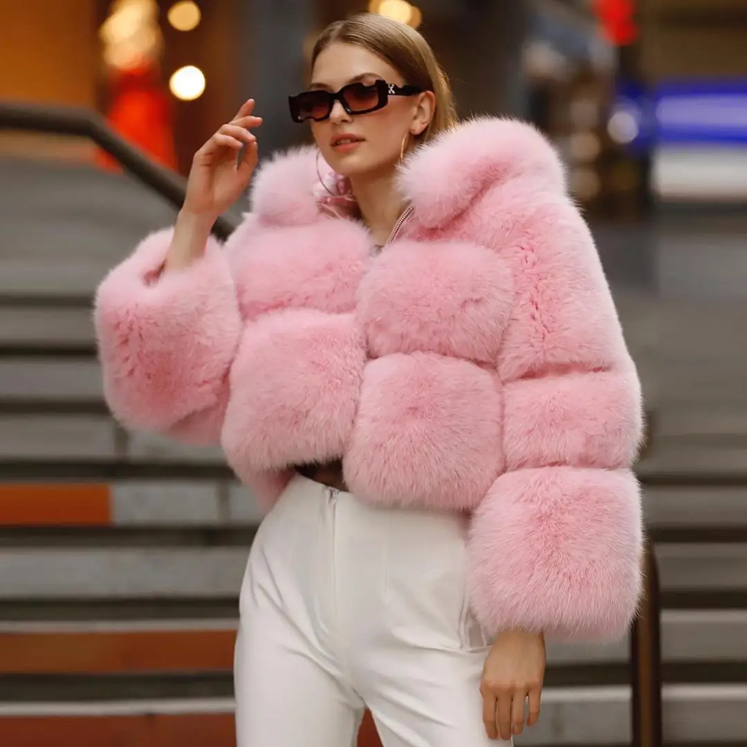 

Women Fashion Pink Natural Fox Fur Jacket with Hood High Quality Wholeskin Genuine Fox Fur Coats Zipper Thick Warm Fur Overcoat