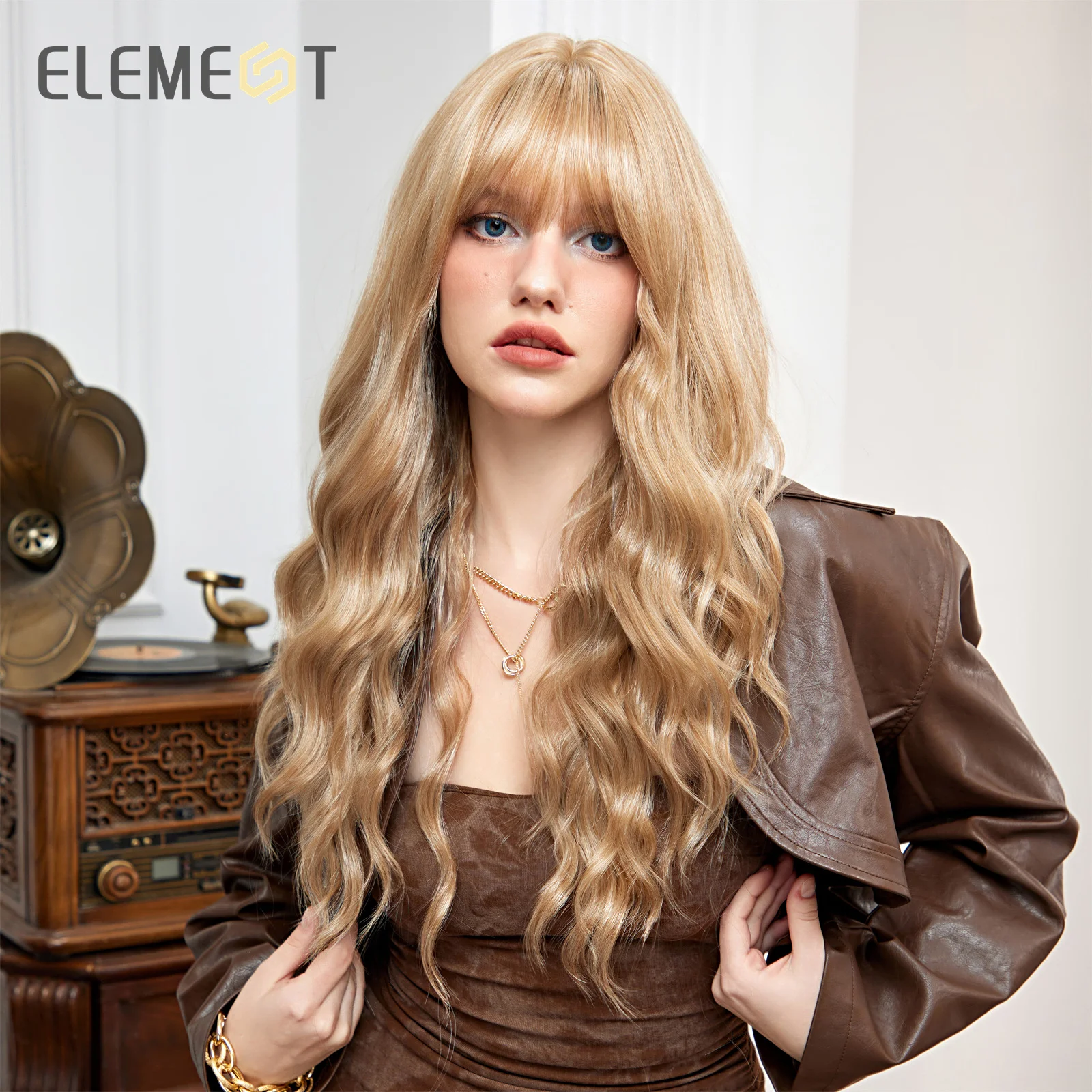 ELEMENT Synthetic Wigs Yellow Blonde Long Curly Hair Wig with Bangs Lolita Cosplay Party Daily Wigs for Women and Girls Natural