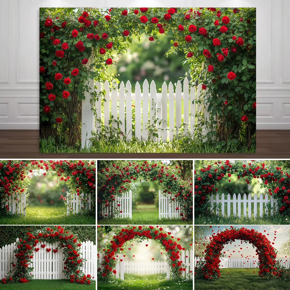 Spring Garden Backdrop Romantic Rose Arch Flower Fence Baby Birthday Wedding Party DecorBackgrounds for Photographs Photo Studio