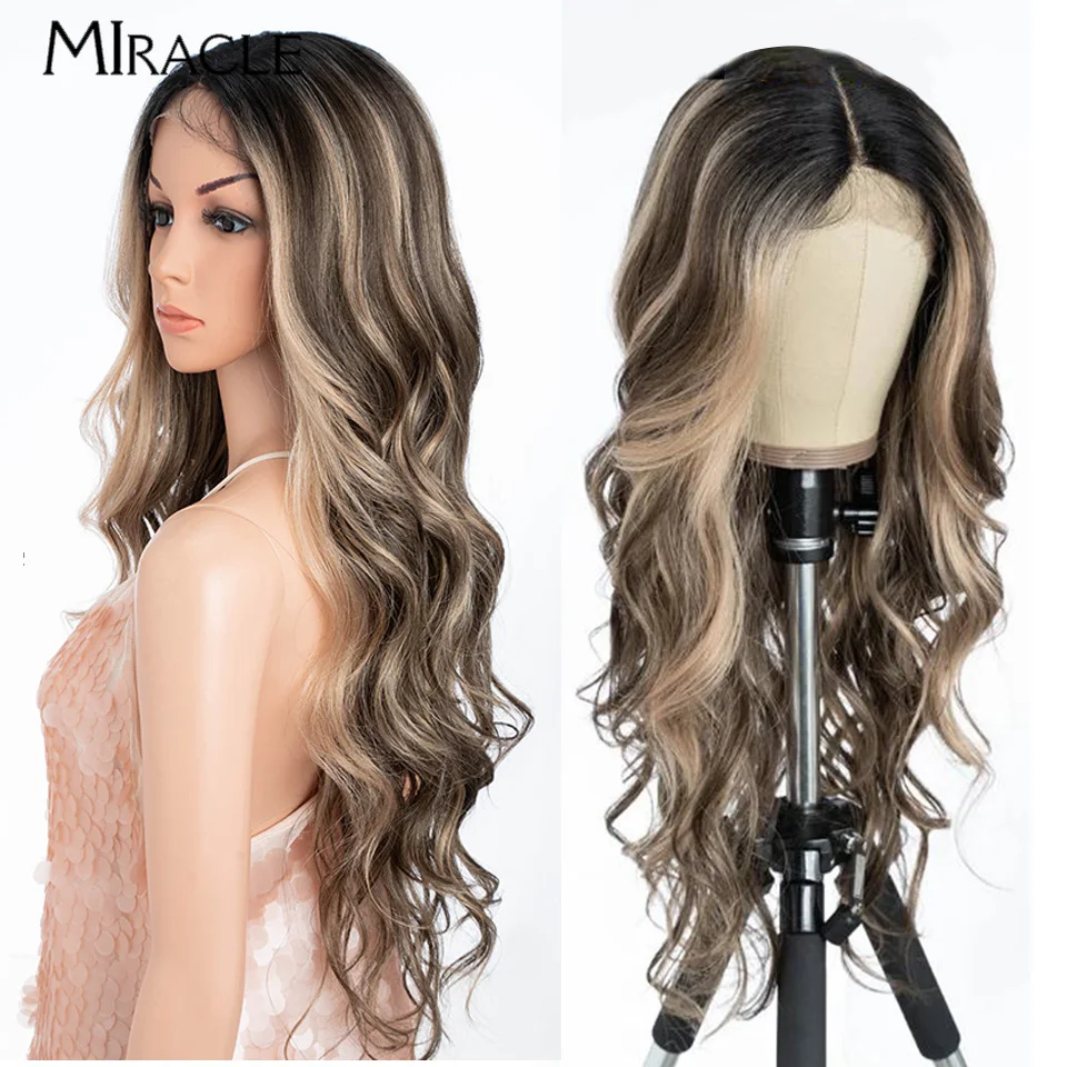 

MIRACLE Synthetic Lace Front Wigs For Women 28 Inch Body Wave Wig With Baby Hair Brown Ombre Blonde Cosplay Wig Heat Resistant