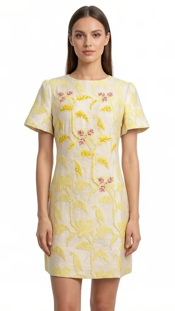 Women New Summer Casual Round Collar Straight Jacquard Flower Short Sleeve Applique Beading Party Banquet Above Knee Mini Dress