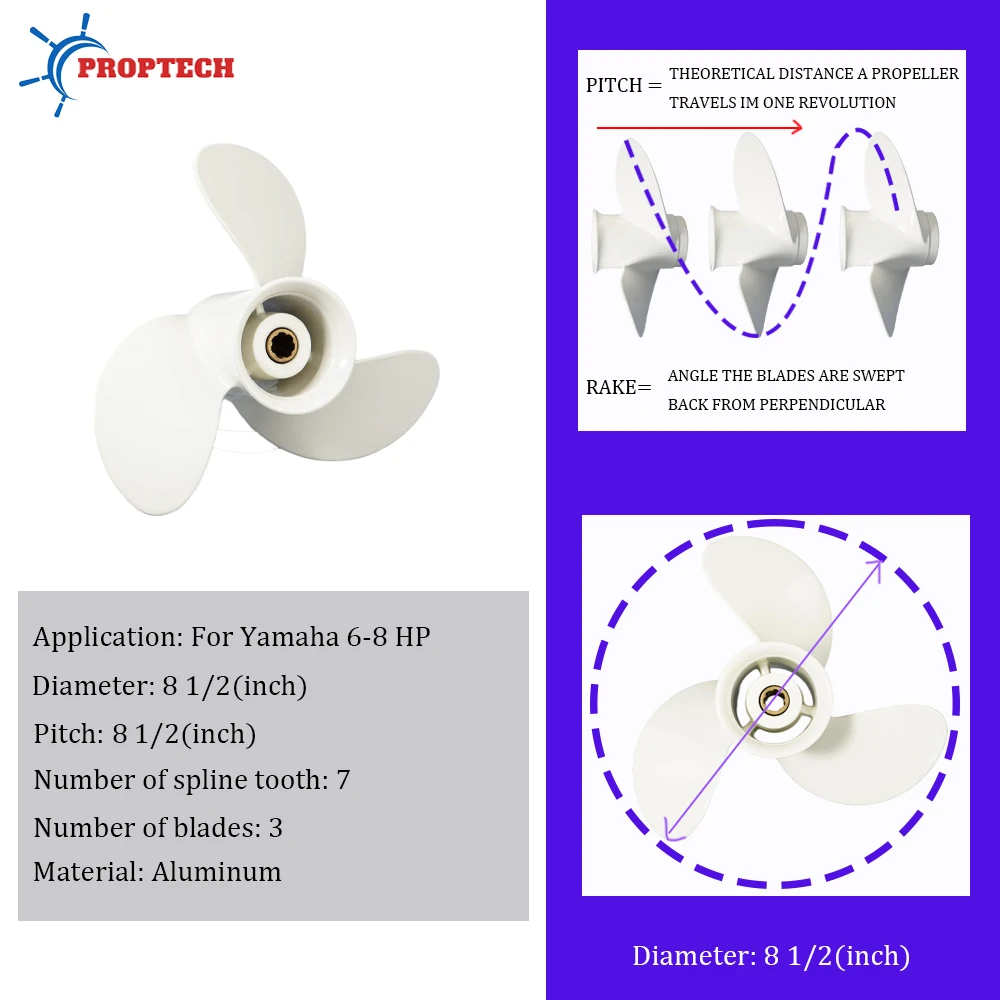 Outboard Propeller For Yamaha 6hp 8hp 8 1/2*8 1/2 Boat Motor 6G1-45941-00-EL 3 Blade 7 Spline Ship Marine Engine Part