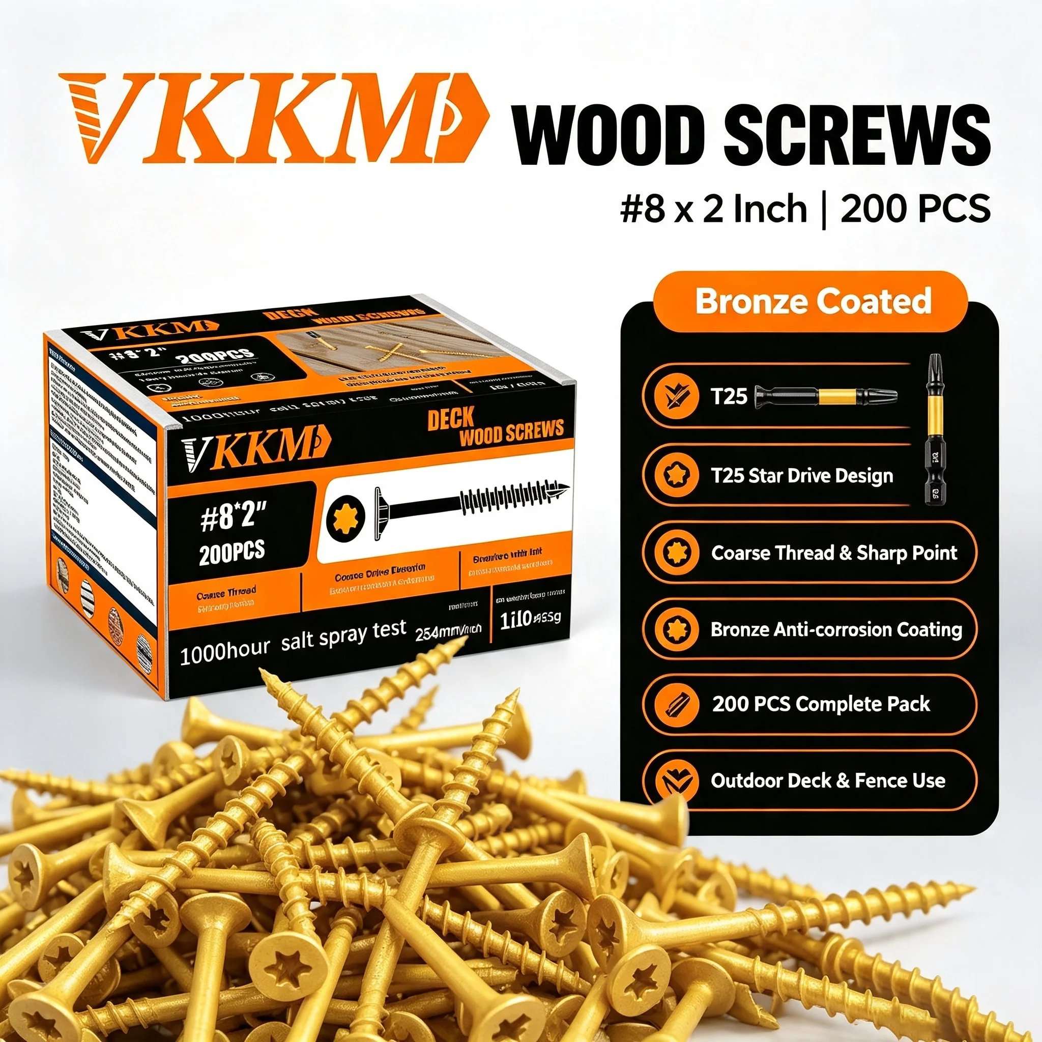VKKM #8 x 2 Inch Yellow Bronze Coated Deck Wood Screws 200PCS T25 Star Drive Coarse Thread Self Tapping Screws with Bit, Outdoor Decking Fencing Garden Wood Construction Use