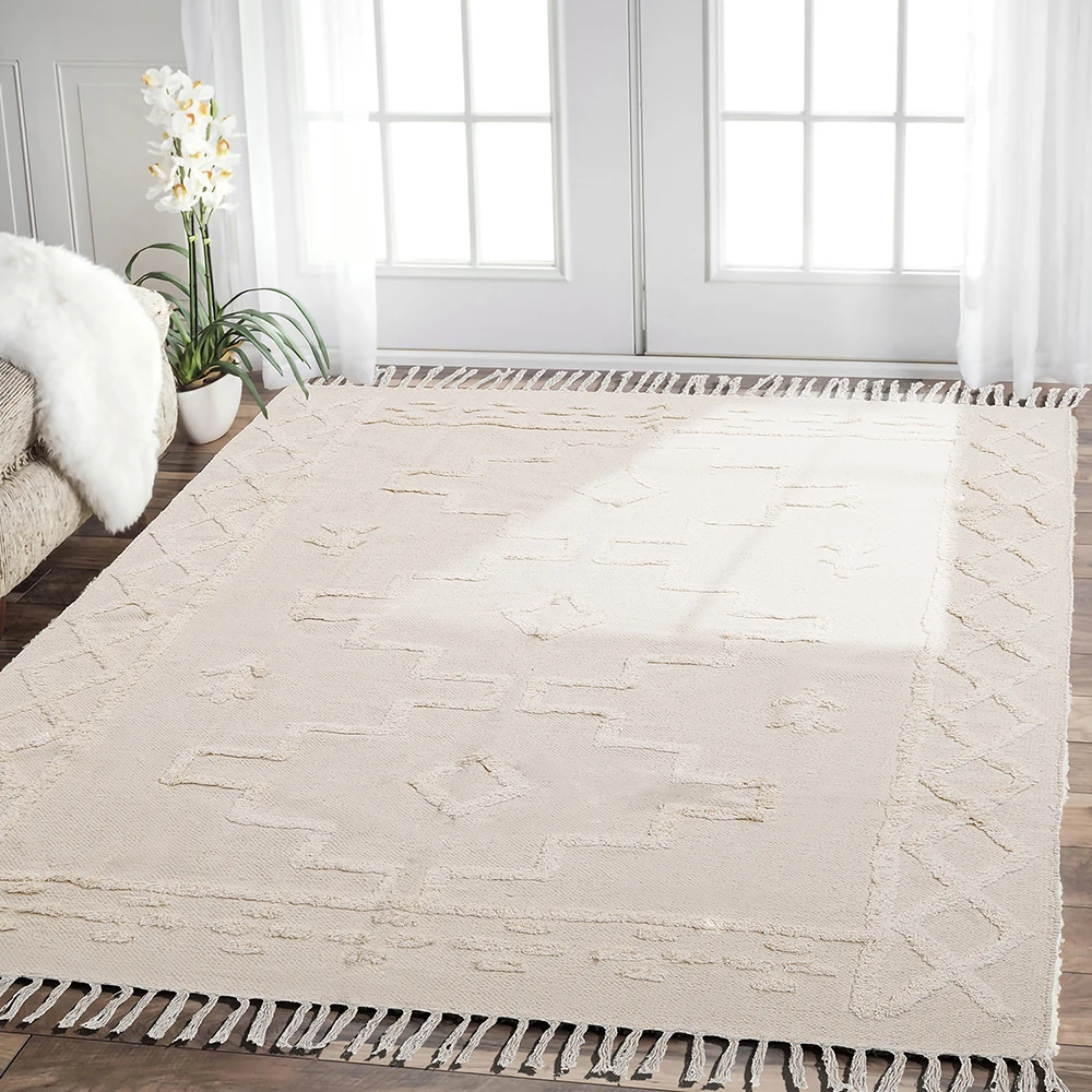 

Handmade Tassel Rug Beige White Cotton Soft Carpet Bedroom Bedside Nordic Rugs Household Non-slip Mat Morocco Carpet