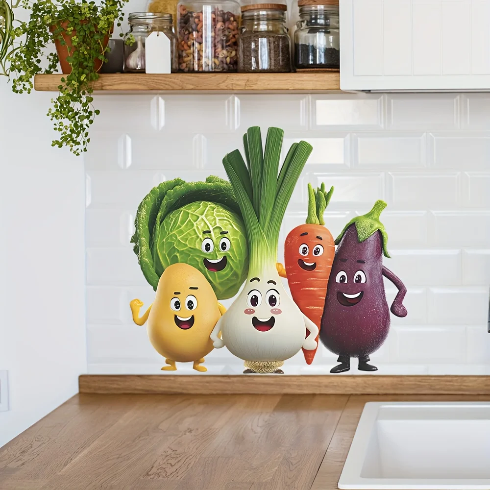 1Pc Colorful Vegetable Wall Stickers Featuring Cabbage, Potatoes, Carrots, Onions, and Eggplants in Anthropomorphic Designs, Self-Adhesive Pvc Home Decor Stickers, Suitable for Living Room, Bedroom, Dining Room, Refrigerator, Kitchen, and Wall Decoration, Easily Create a Warm and Fun Space, a Creative and Thoughtful Gift for Family, Friends, and Loved Ones
