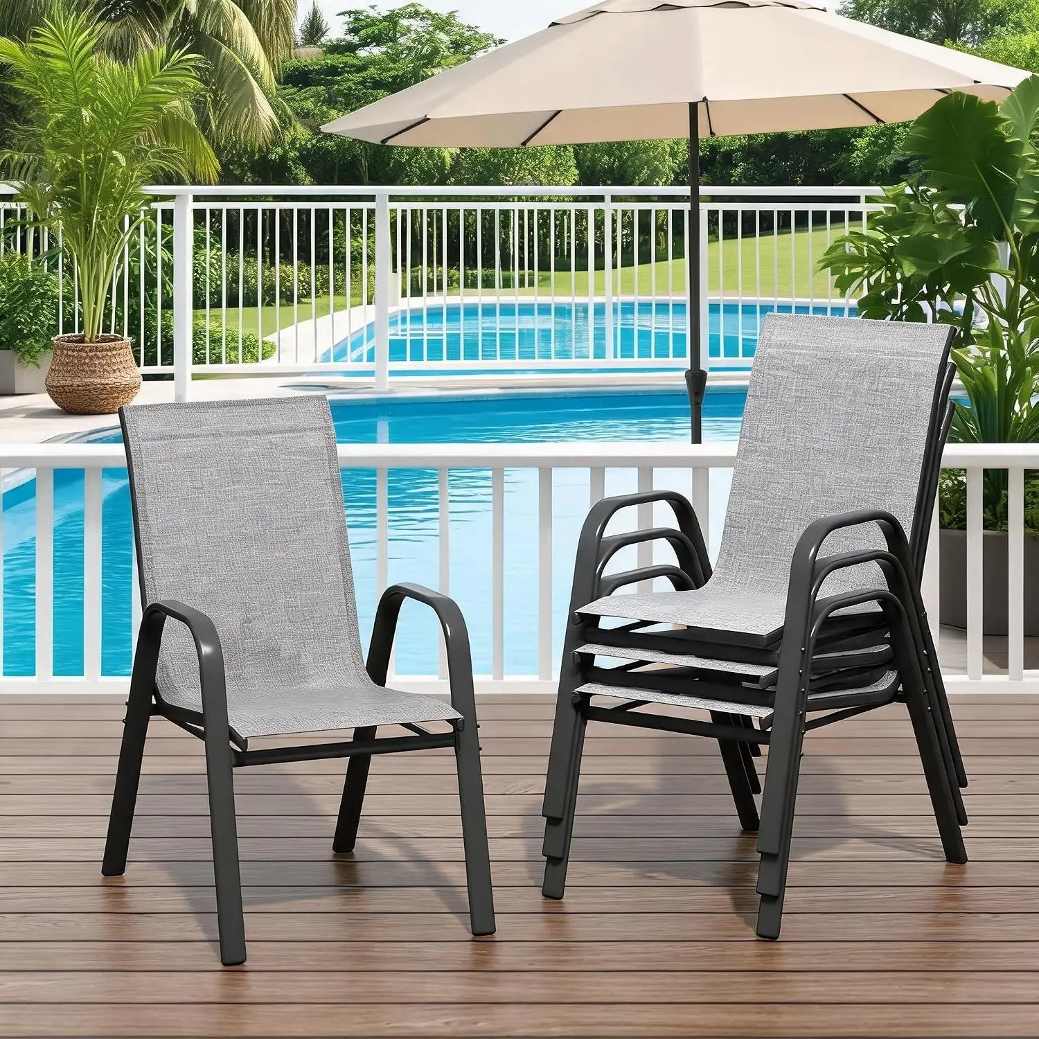 Ensemble de 4 chaises de jardin adhésives, chaises de salle à manger d'extérieur durables avec dossier haut, structure en métal résistante aux intempéries et à la rouille pour jardin, terrasse, piscine et balcon