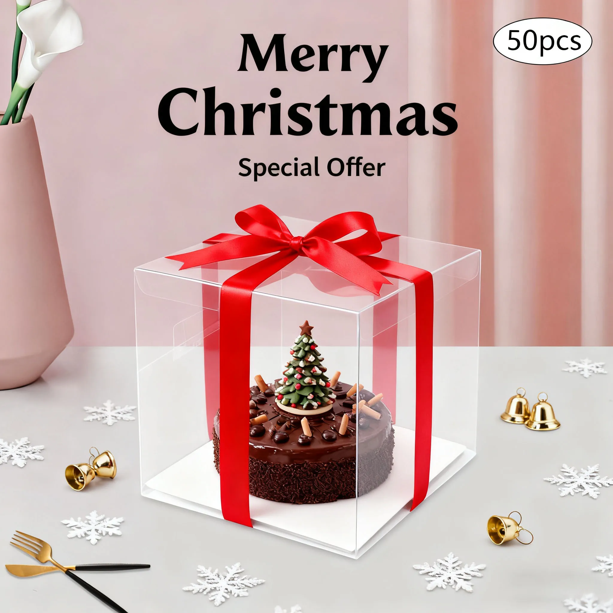 

50 шт. прозрачные коробки для тортов из ПЭТ, 4 дюйма 13x13x13 см в сборе, квадратные коробки для тортов с ручкой для размещения тортов, десертов, Рождества