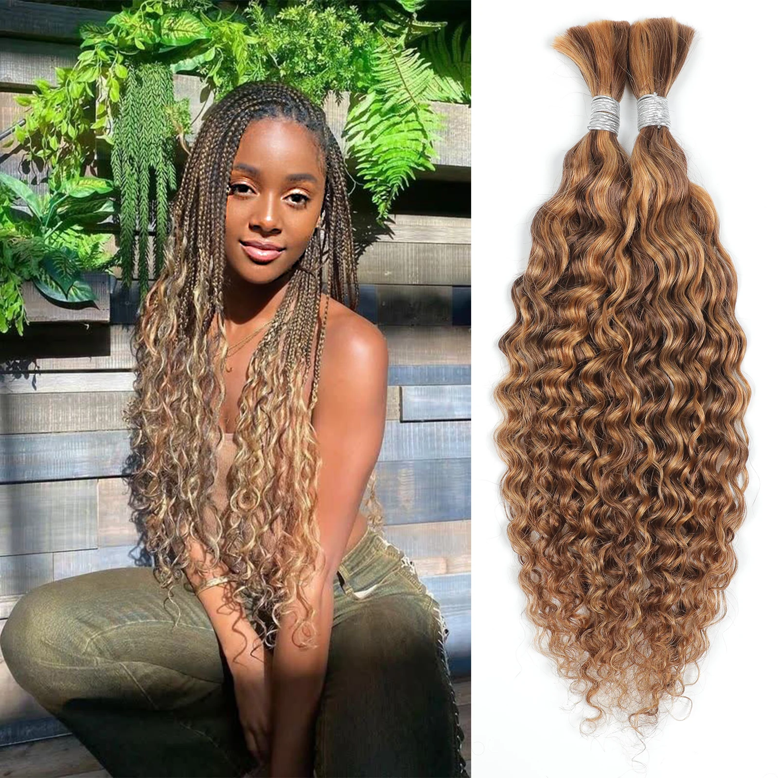 

Showcoco Human Braiding Hair 14 Inch Water Wave Bulk for Braiding 100g 2 Bundle/Pack No Weft Curly Human Hair Bundles For Women