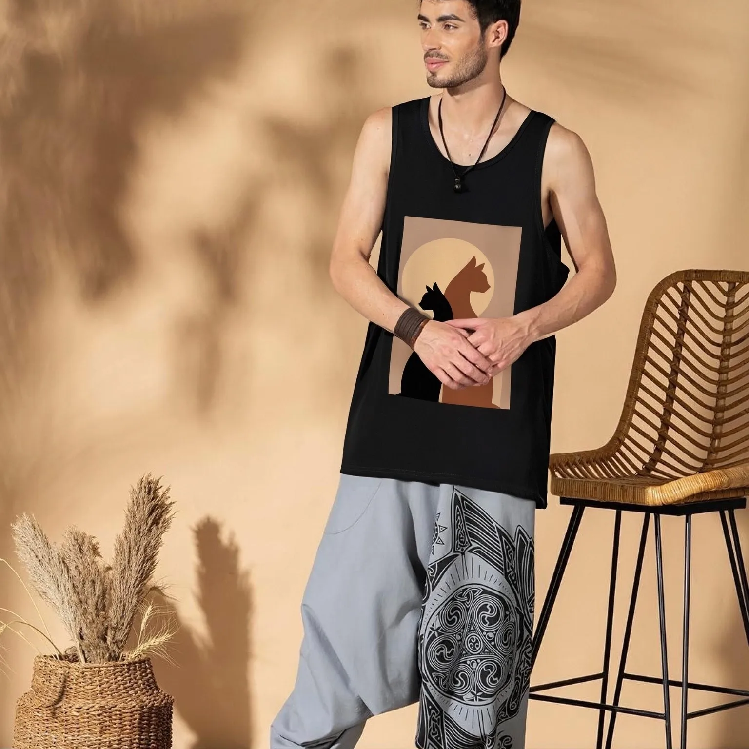 Cat Lovers Cotton Tank Top Double Cat Pattern Casual Loose Sleeveless Summer Cute Lovely Charming Fashionable Comfortable Top