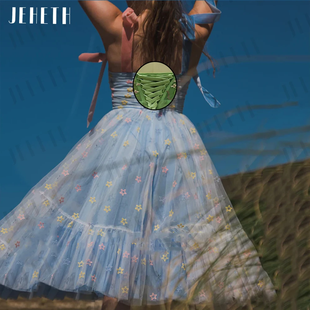 JEHETH Starry Prom Dresses Blue Fairy Party Spaghetti Straps Sweetheart Tulle Open Back Evening Gown A Line فساتين مناسبة رسمية