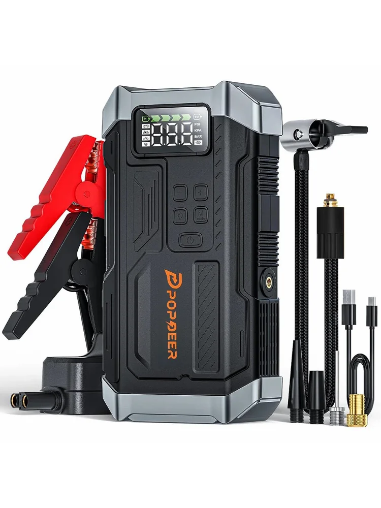 POPDEER PD-JA3 5000A 4-in-1 Starthilfe, 150PSI Luftkompressor, 12V USB-Powerbank mit LCD-Display, 10L Benzin/8L Diesel