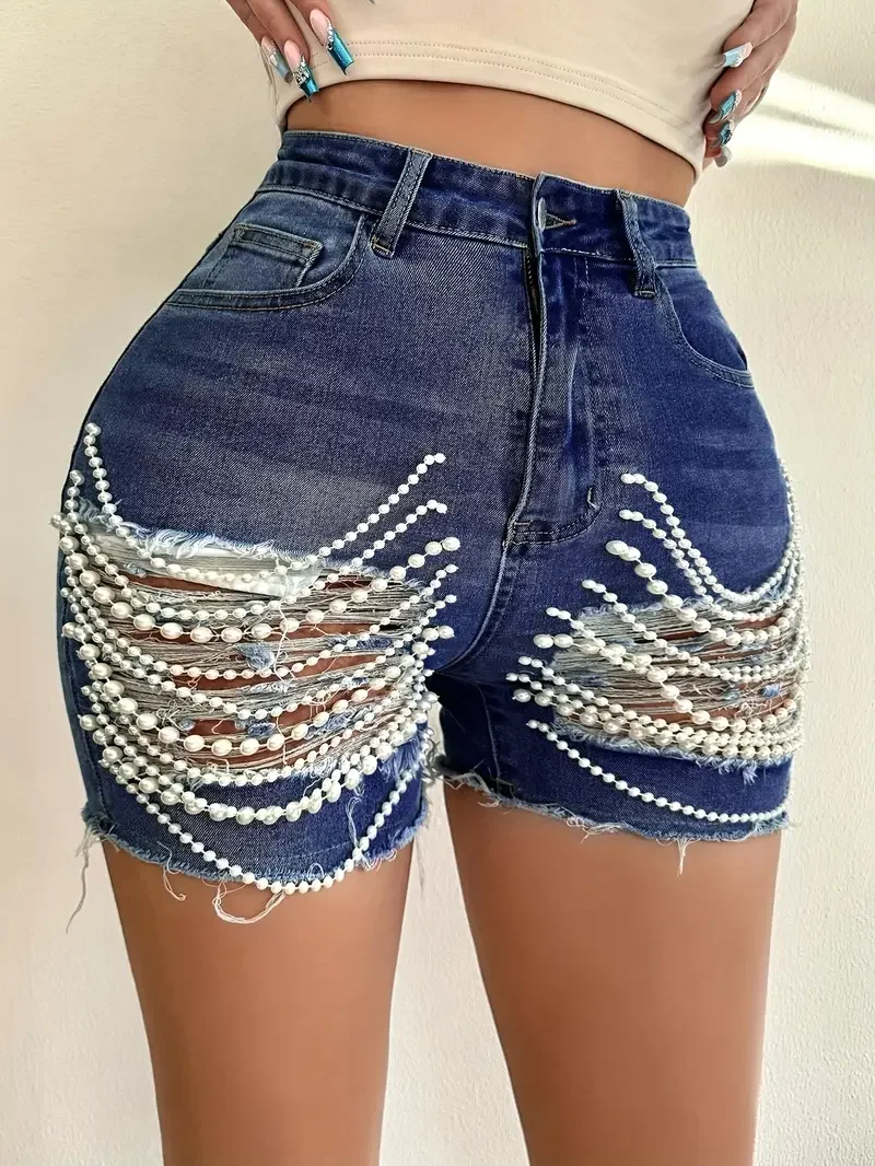 Women's Handmade High Waist Beaded Denim Shorts - Sexy Ripped Casual Summer Stretch Fit Streetwear