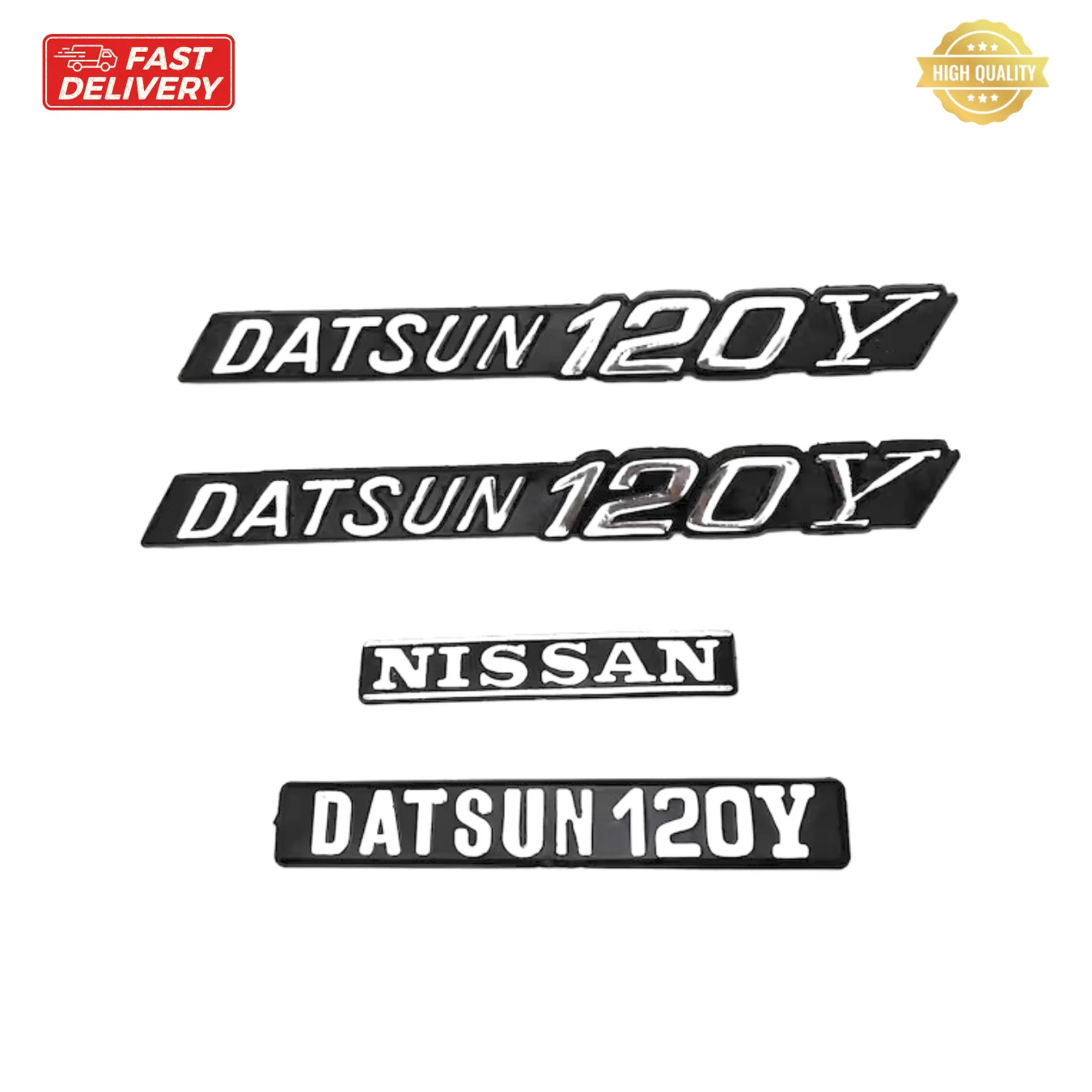 

Datsun 120Y Badge Set – Rear & Fender Emblems in ABS Plastic, Classic Vintage Restoration Parts