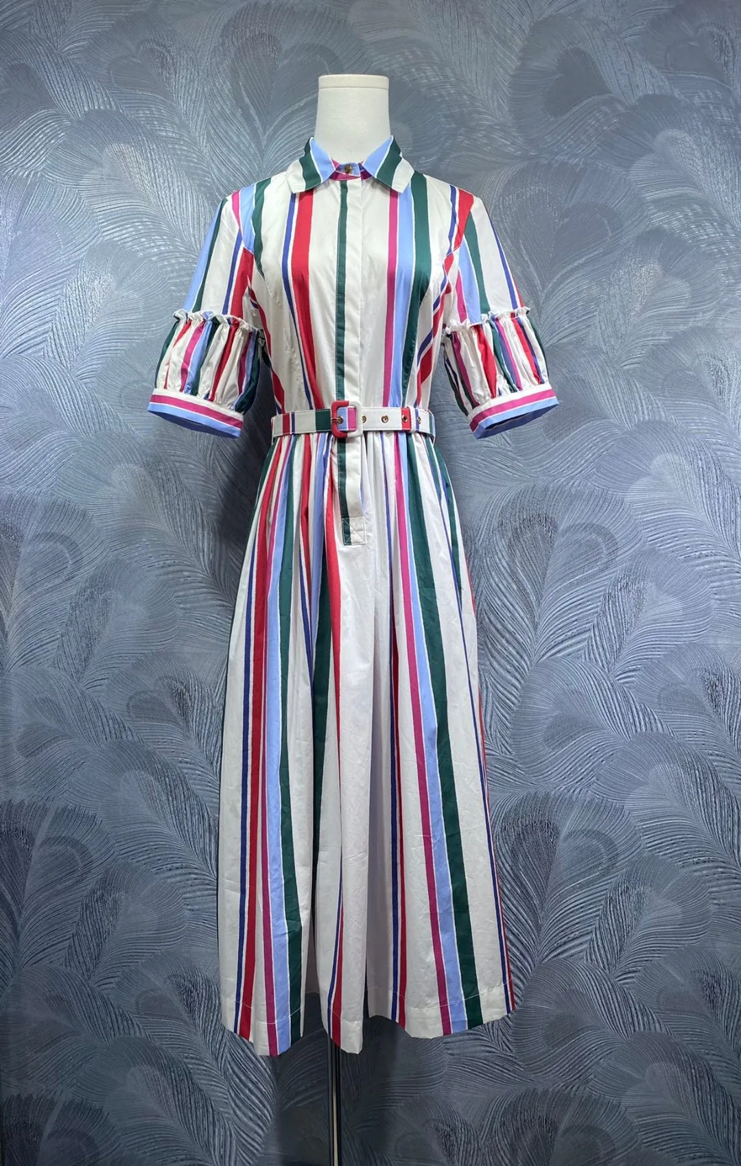 

Lapel Striped Pleated Short Sleeve Belted Dress