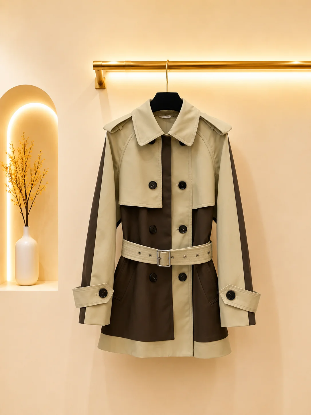 2026 Women Trench Coat Lapel Mid‑Length Color Spliced Double Breasted Adjustable Belt Shoulder Epaulets Cuff Strap